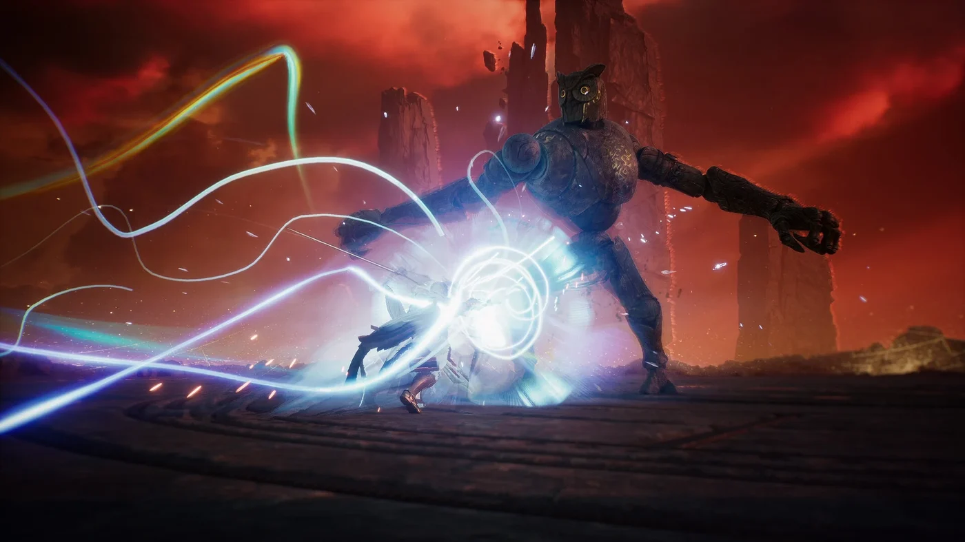 Official AION 2 gameplay screenshot showing a Daeva character fighting a towering owl-masked stone golem under a red sky