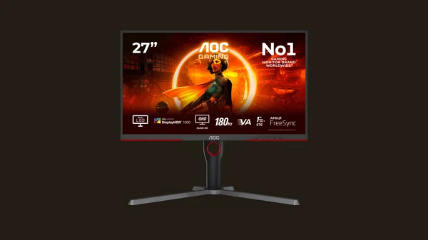 Moniteur gaming AOC Q27G3XMN 27 pouces Mini-LED, vue de face sur pied gaming, fond transparent