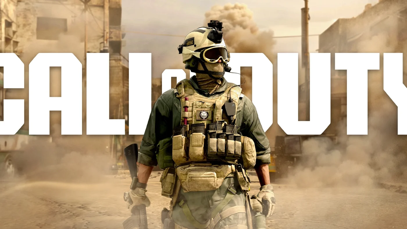 Call of Duty: Mobile official App Store artwork showing an armed operator walking through a dust-filled urban battlefield with the Call of Duty wordmark overlaid