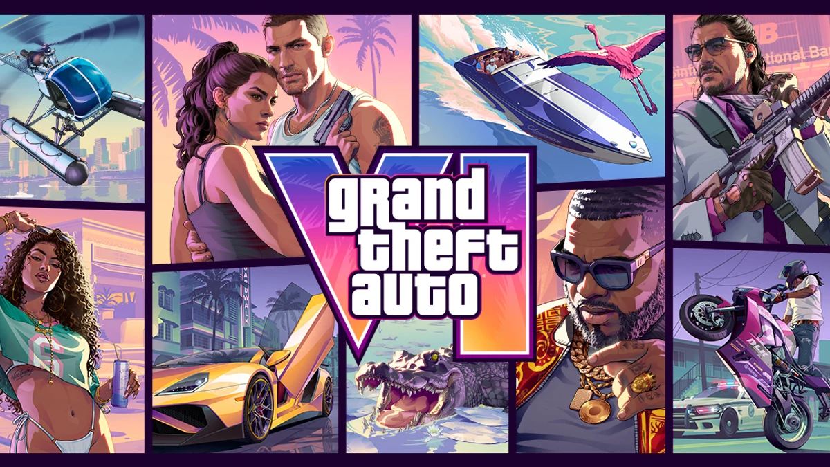 Official Grand Theft Auto VI key art collage showing protagonists Jason and Lucia alongside Vice City scenes