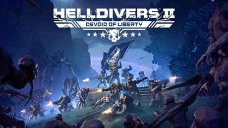 Official header key art for Helldivers 2 featuring armored Helldivers troopers in combat poses