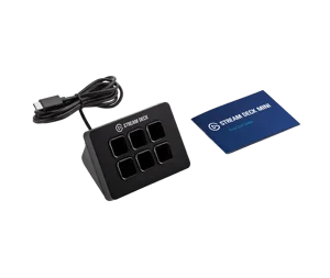 Elgato Stream Deck Mini 6-key USB controller with USB-C cable and quick start guide, on white background