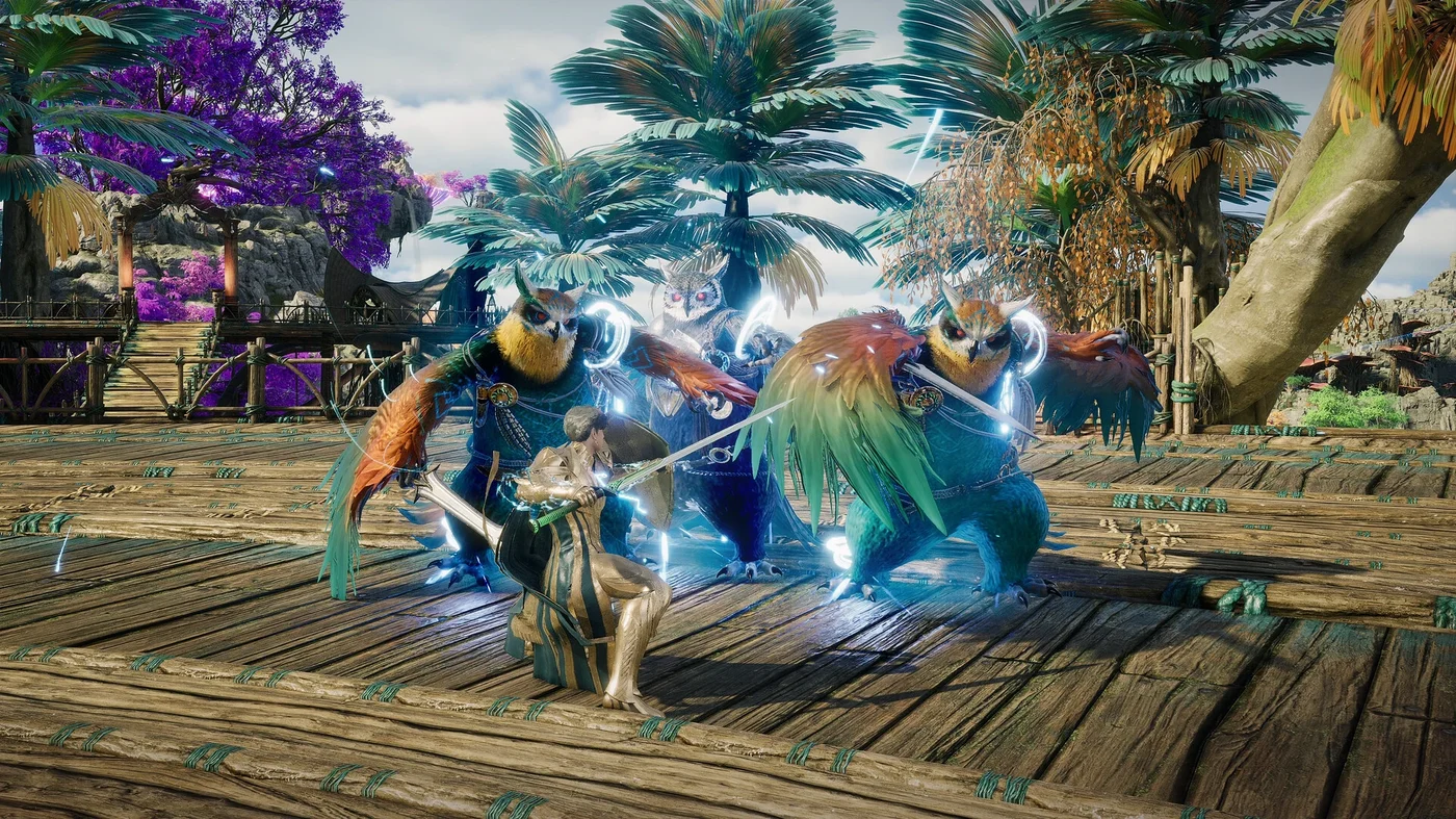 Official AION 2 gameplay screenshot of a melee character fighting owl-masked enemies on a wooden dock surrounded by palm trees