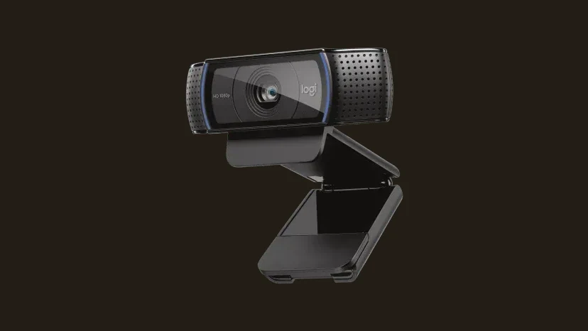 Logitech HD Pro Webcam C920 on white background, angled view showing lens and clip mount