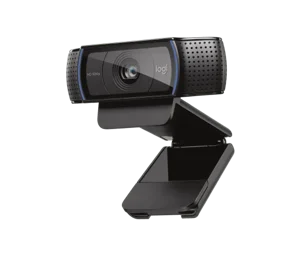Logitech HD Pro Webcam C920 on white background, angled view showing lens and clip mount